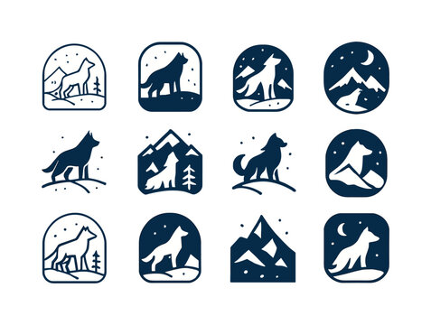 Winter Animal Icons. Snowy landscapes with animals in winter habitats. Icon set. Set Logo of snowy landscapes with animals in winter habitats: wolf in snow.