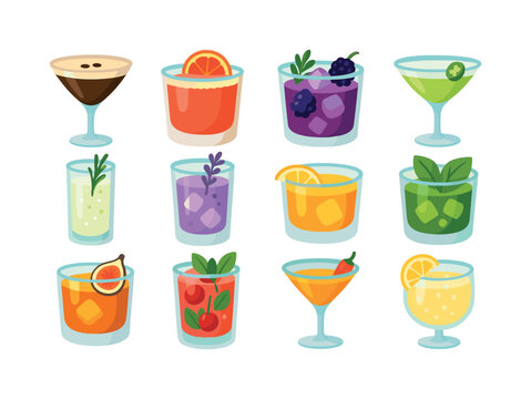 Colorful Cocktail Icons. Signature cocktails. Colorful flat vector icons set of signature cocktails: espresso martini, blood orange margarita, blackberry