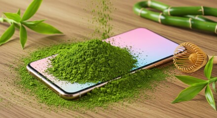 A smartphone with green powder on its screen surrounded by bamboo and leaves on a wooden surface