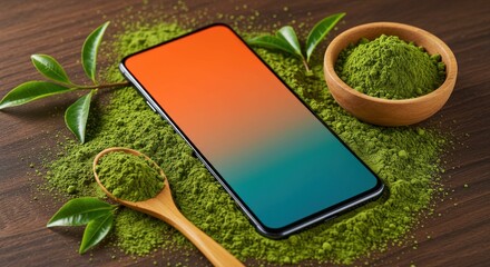 A smartphone lies on a green powdery substance surrounded by leaves and a small bowl and spoon