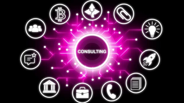 CONSULTING concept with interconnected icons background. Successful business strategy idea concept with circuit icon. Business, modern technology, internet and networking concept.