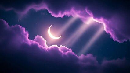 Mystical crescent moon shines through dramatic purple clouds and ethereal light rays.