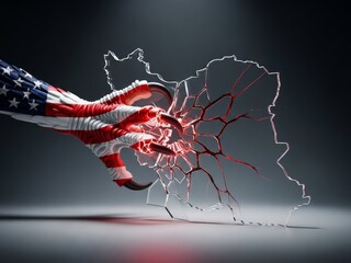 Conceptual 3D render of a US-patterned eagle claw shattering a glass map of Iran. Perfect for news editorial, political analysis, and documentaries on international relations and geopolitical conflict