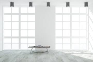 modern empty bright room with table with cups adn black lamps on ceiling interior design. 3D illustration