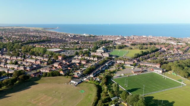 Whitley Bay Monkseaton UK: 16th Aug 2025: Whitley Bay Rockcliff RFC drone view. The coast is visible in the background