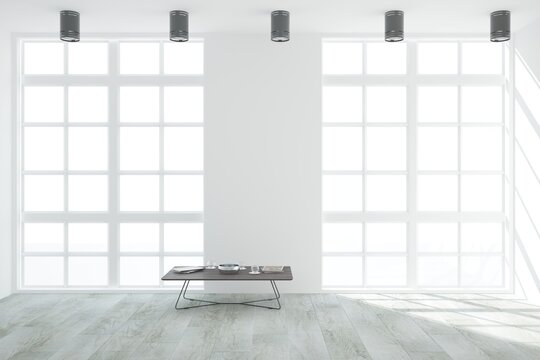 modern empty bright room with table with cups adn black lamps on ceiling interior design. 3D illustration