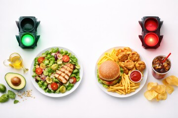 A Colorful Spread of Delicious Cuisine Featuring a Nutritious Salad, Juicy Burger, Crispy Chicken, Fries, and Refreshing Beverages with Traffic Lights