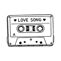 Naklejka premium Retro cassette tape labeled Love Song with heart icons in clean vintage line art style. Black and white vector illustartion