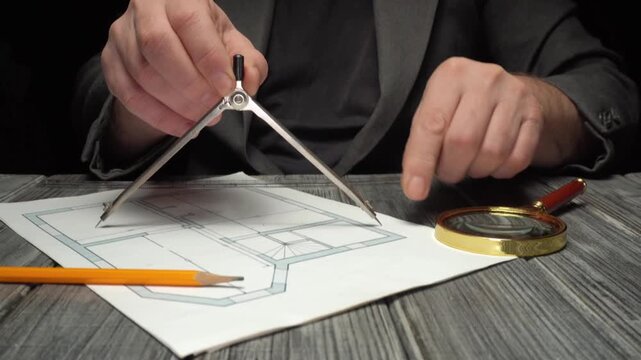 Hands use a compass to measure lines on a blueprint while a pencil and magnifying glass are nearby on a wooden surface