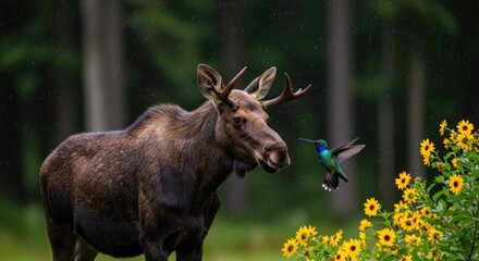 Fototapeta premium A moose with antlers stands amidst sunflowers as a hummingbird flies nearby