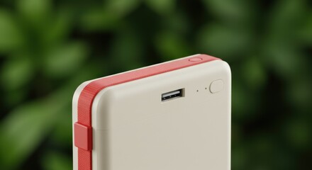 A close-up side view of a portable power bank with a beige and coral-colored casing