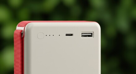 A close-up of a portable charger's side and back, showcasing its red and white design