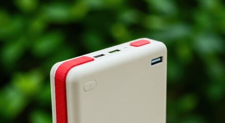A close-up of a portable power bank with a white and red design