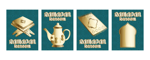Ramadan Kareem greeting banners set with islamic patterns, mosque silhouette, prayer rug, traditional water jug and holy Quran on wooden rehal