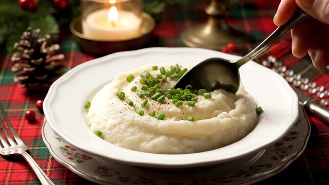 A beautifully presented plate of creamy mashed potatoes topped with fresh chives, set on a festive red and green tartan tablecloth, with a candle and pinecones in the background, evoking a cozy holida