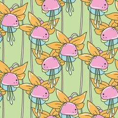 Colorful bright fuchsia flowers botanical illustration, floral design seamless pattern. Neon green, pink and orange floral print