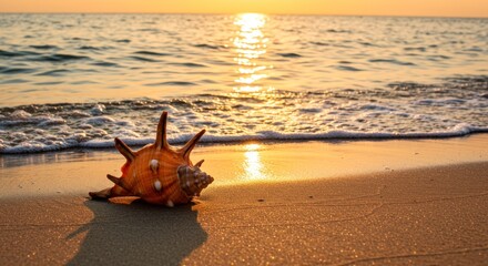 A vibrant orange conch shell with spines sits on a sandy beach