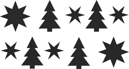 Minimalist Scandinavian Christmas Icon Set with Black Stars and Fir Trees in Modern Nordic Style on Light Background