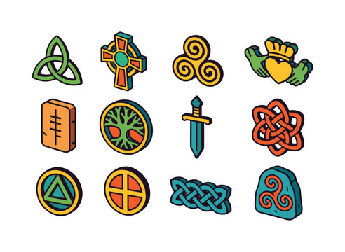 Celtic Symbols Collection. Celtic symbols. Colorful isometric vector icons set of celtic symbols: triquetra knot, celtic cross, spiral triple icon, claddagh