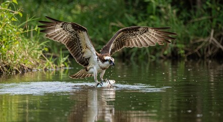 A bird with outstretched wings skims the surface of a body of water