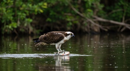 A large brown and white bird stands in shallow water with lush greenery in the background