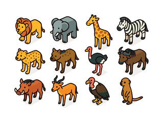 Fototapeta premium Savanna Animal Icons. Savanna animals. Colorful isometric vector icons set of savanna animals: lion, elephant, giraffe, zebra, cheetah, hyena, ostrich,