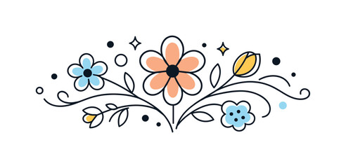 Obraz premium Minimalist Floral Ornament. Decorative abstract floral ornament. Simplified flower shapes combined with dots and curved lines in a balanced decorative form.