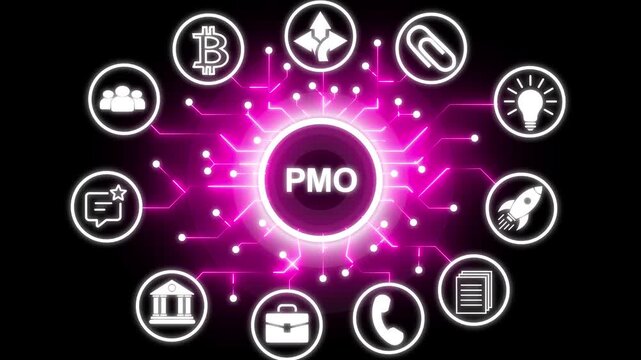 PMO concept with interconnected icons background. Successful business strategy idea concept with circuit icon. Business, modern technology, internet and networking concept.