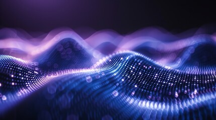 Neon green binary code waves forming mountains with bright glow on dark gradient background