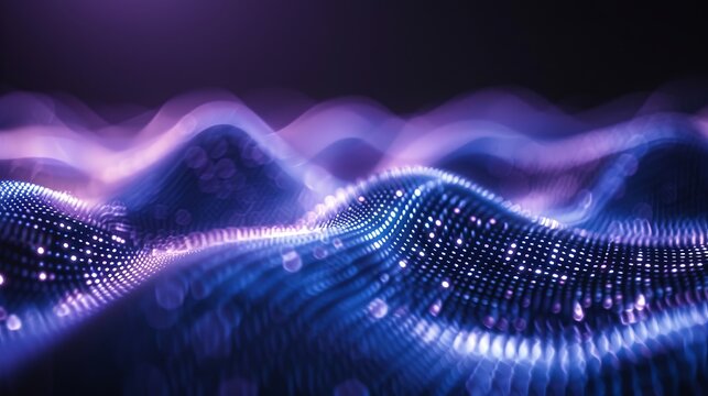 Neon green binary code waves forming mountains with bright glow on dark gradient background - Powered by Adobe