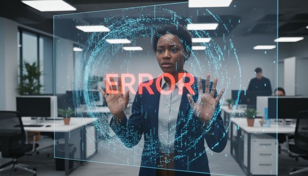 Scared businesswoman in a modern office interacts with a futuristic transparent screen showing a red error alert and a glowing data globe, signaling a critical system failure and security crisis - Powered by Adobe