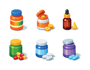 Daily Vitamin Grid. Daily vitamins. Isometric flat vector icons set of daily vitamins: multivitamin bottle, vitamin C tablets, vitamin D drops, B-complex