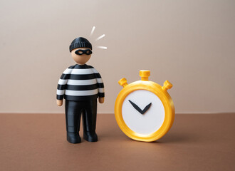 The criminal and the stopwatch. Probationary period. The time of imprisonment is determined by the court. Justice timing concept, legal supervision and sentence limits. Balance between punishment