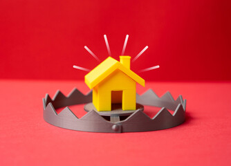 A yellow house like bait in a trap. Risky home buying during times of instability. Real estate warning, market volatility and false affordability.