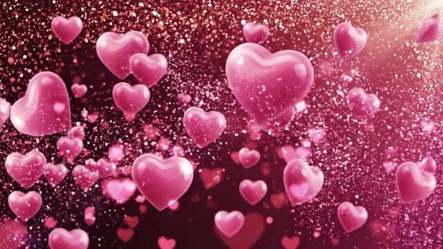 Romantic Pink Hearts Floating Amidst Glittering Particles and Soft Light on Dark Background