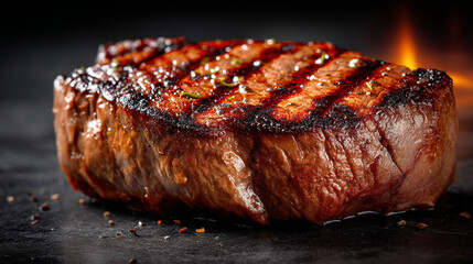 Perfect Grilled Beef Steak with Fire Background and Grill Marks