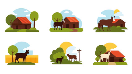 Obraz premium Farm Animals and Rural Landscape Illustrations