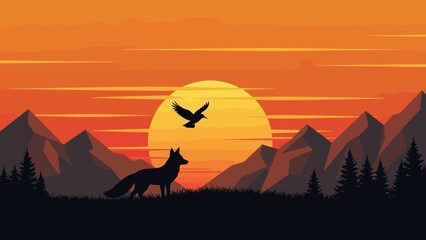 Naklejka premium Fox Silhouette and Bird Flying at Sunset in Mountains with Orange Sky
