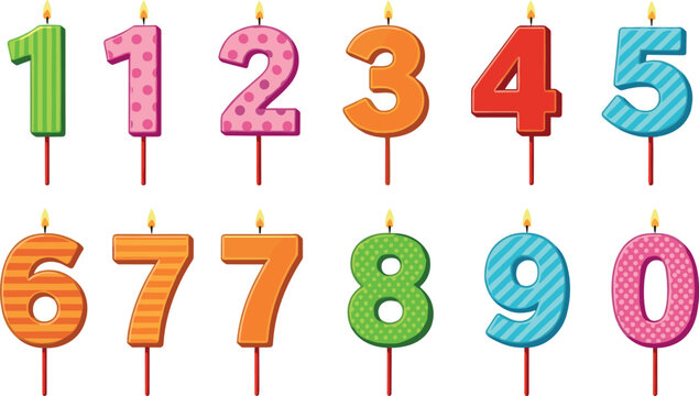 Colorful number candles vector set from zero to nine with birthday cake decorations for celebration, anniversary and party design in flat cartoon illustration style isolated on white background