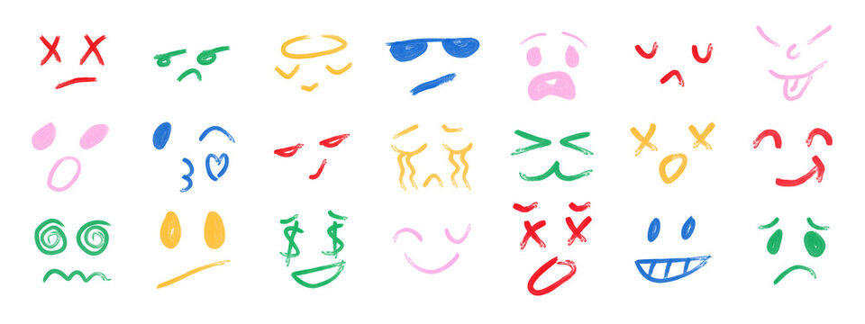 Colorful crayon emoji faces in doodle style. Hand drawn cartoon emoticons with different moods and feelings.  Doodle Emoji face icon set. Hand drawn sketch style. Emoji with different emotion mood, 