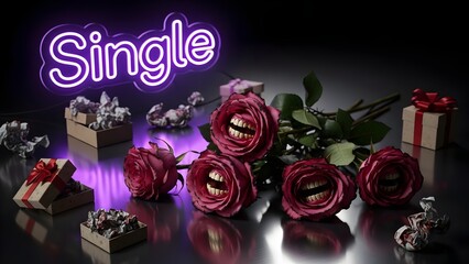 Anti-Valentine's Day Concept: 'Single' Neon Sign with Unsettling Roses Featuring Teeth and Discarded Gifts on Dark Reflective Surface