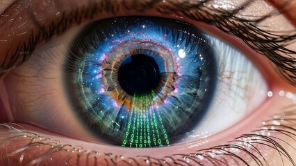 Close up view of a human eye with digital data reflections and a galaxy pattern concepts of vision future and technology