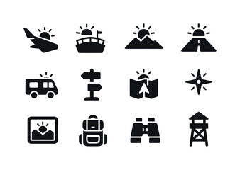 Travel Iconography Grid. Sunrise and sunset. Solid icon set of travel perspectives: airplane wing, ship deck line, mountain lookout, road horizon, camper van,
