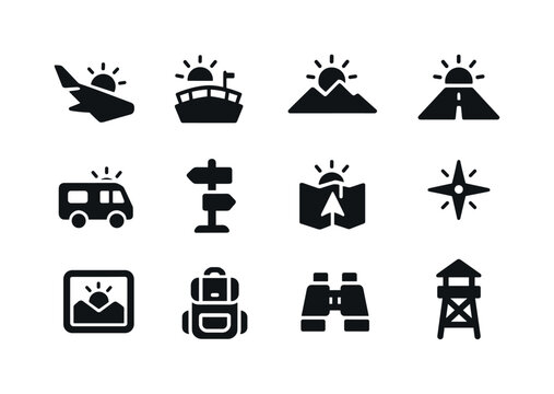 Travel Iconography Grid. Sunrise and sunset. Solid icon set of travel perspectives: airplane wing, ship deck line, mountain lookout, road horizon, camper van,