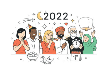 Multicultural New Year Celebration. Multicultural New Year moment. People from different backgrounds welcoming the New Year together with symbolic gestures.