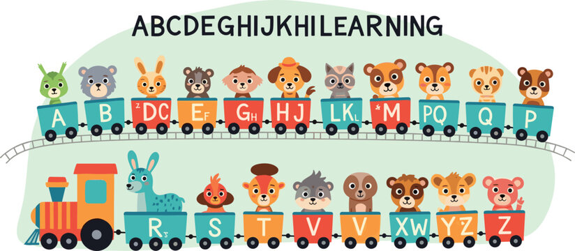 Alphabet learning vector illustration with cute animal characters on train wagons for children education, preschool learning and ABC teaching in flat cartoon style isolated on white background