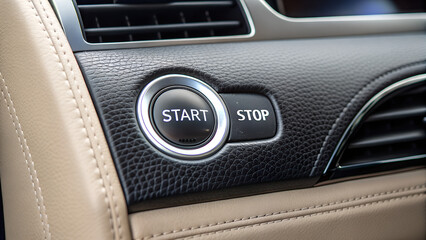 Car interior with illuminated start stop button set in textured leather dashboard, signaling readiness for urban commute or road trip.