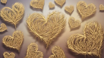 Golden hearts created from textured wispy strands on a muted background