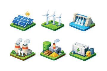 Obraz premium Renewable Energy Icons. Renewable power. Isometric flat vector icons set of renewable power: solar farm array, wind park turbines, hydro dam, geothermal plant,