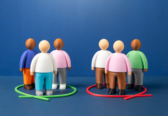 Society is divided into two groups based on an issue or opinion. A split in society. Polarization concept, social tension and conflicting values. Public debate, media influence and division risks